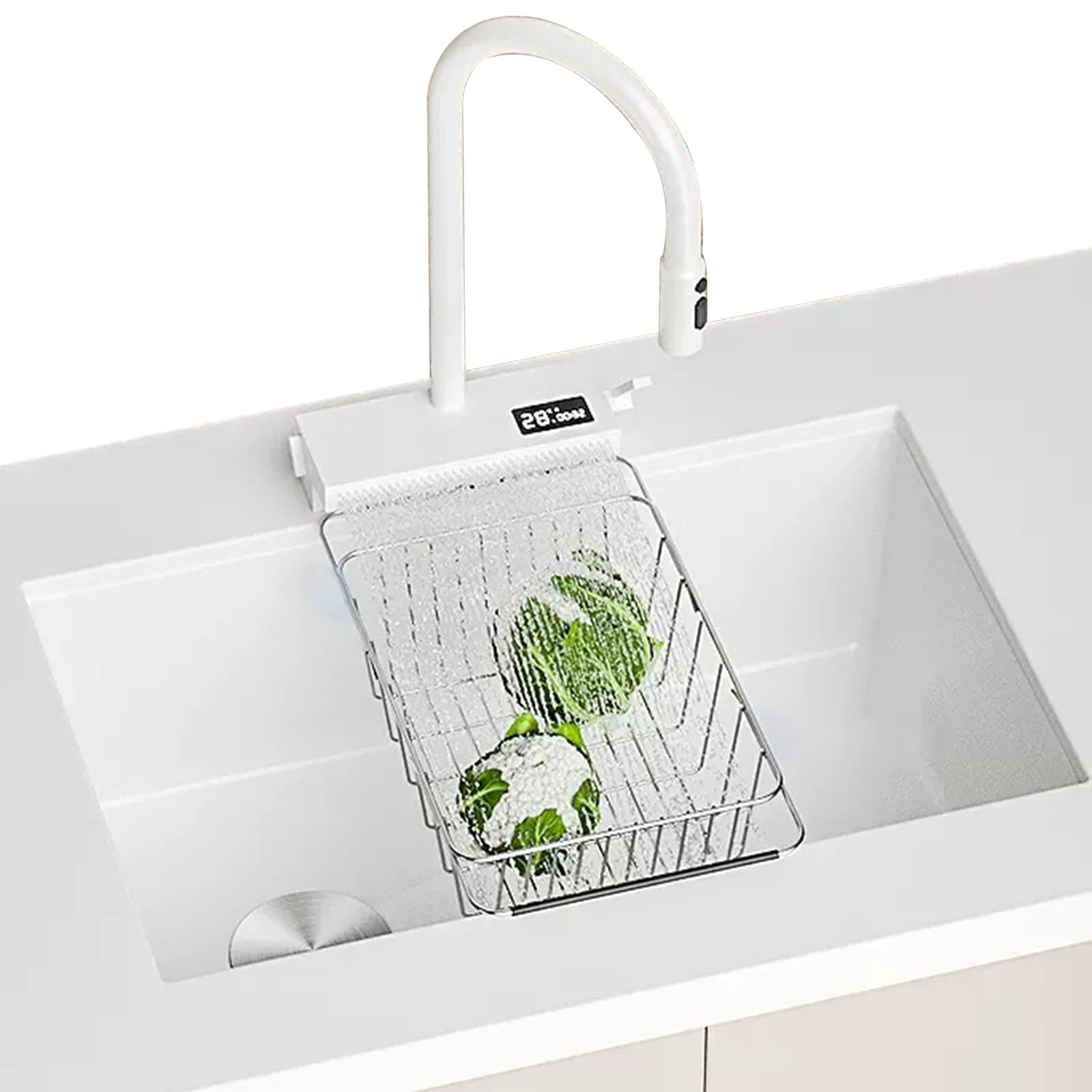 White Sink Undermount Sink Kitchen Stainless Steel Sink White Faucet with Temperature Display White Bar Sink