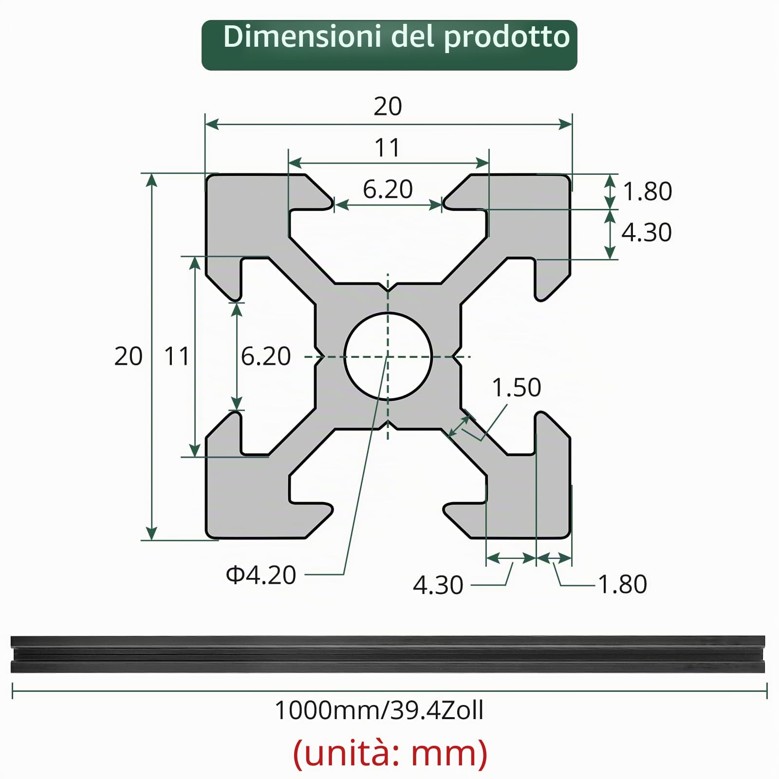 JiGiU 9 profili in alluminio con slot a V, 1000 mm, 2020, secondo lo standard europeo 6063-T5, superficie anodizzata, 20 x 20 V, tipo 6 mm, guida lineare per stampante 3D fai da te, macchine CNC (nero