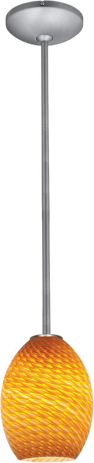 Brandy FireBird Glass Pendant - 1-Light Pendant - Rods - Brushed Steel Finish - Amber Firebird Glass Shade