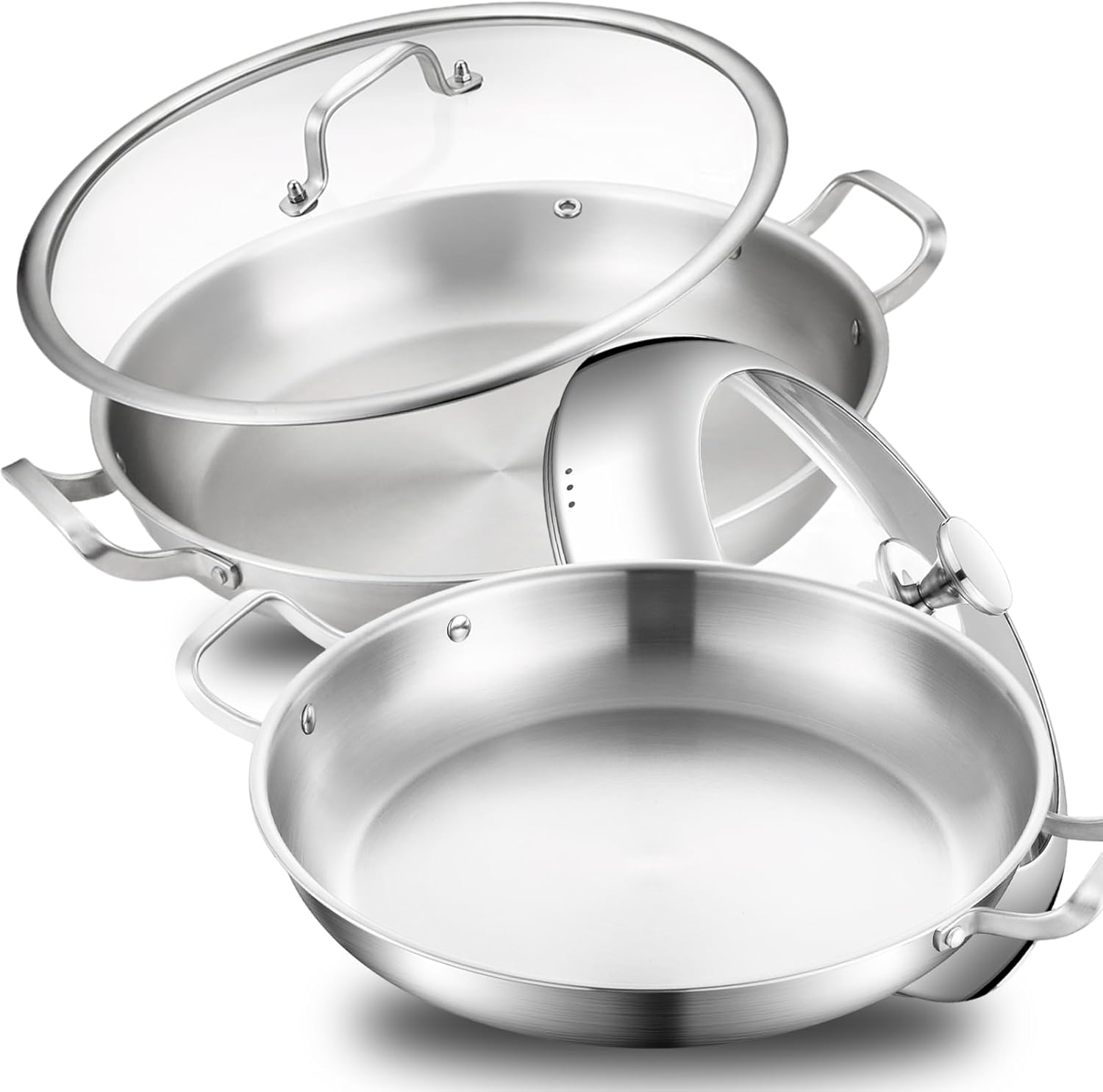 14.5" Tri-Ply 18/10 Stainless Steel Paella Pan with Lid - Serves 12, All Stovetops & Outdoor Use