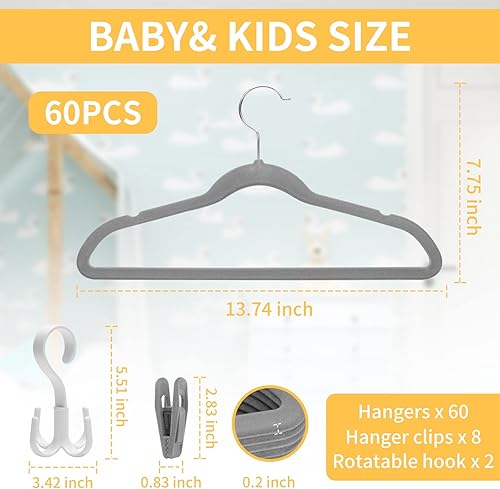 Miniatura 2 de Tinfol 60 perchas de terciopelo para niños, perchas antideslizantes de alta calidad de 14 pulgadas para armario, colgador de fieltro ultrafino con 8