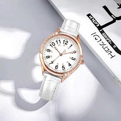 MOVEBEST Ladies Quartz Watch, Crystal Rhinestone Bezel, White Dial, Black Leather Band