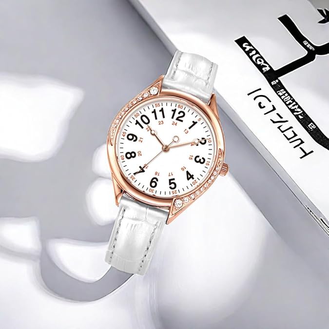 MOVEBEST Ladies Quartz Watch, Crystal Rhinestone Bezel, White Dial, Black Leather Band