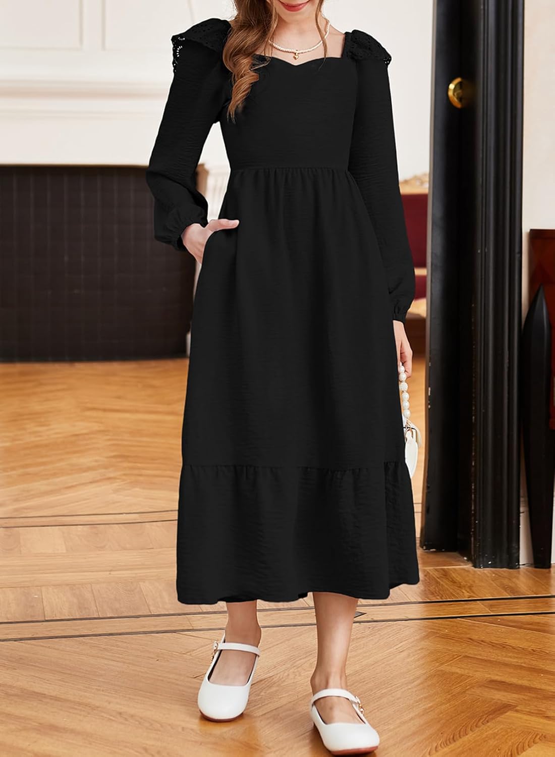 blibean Tween Girls Tie Back Dresses Embroidery Sleeve Size 6-15 Years - Image 3