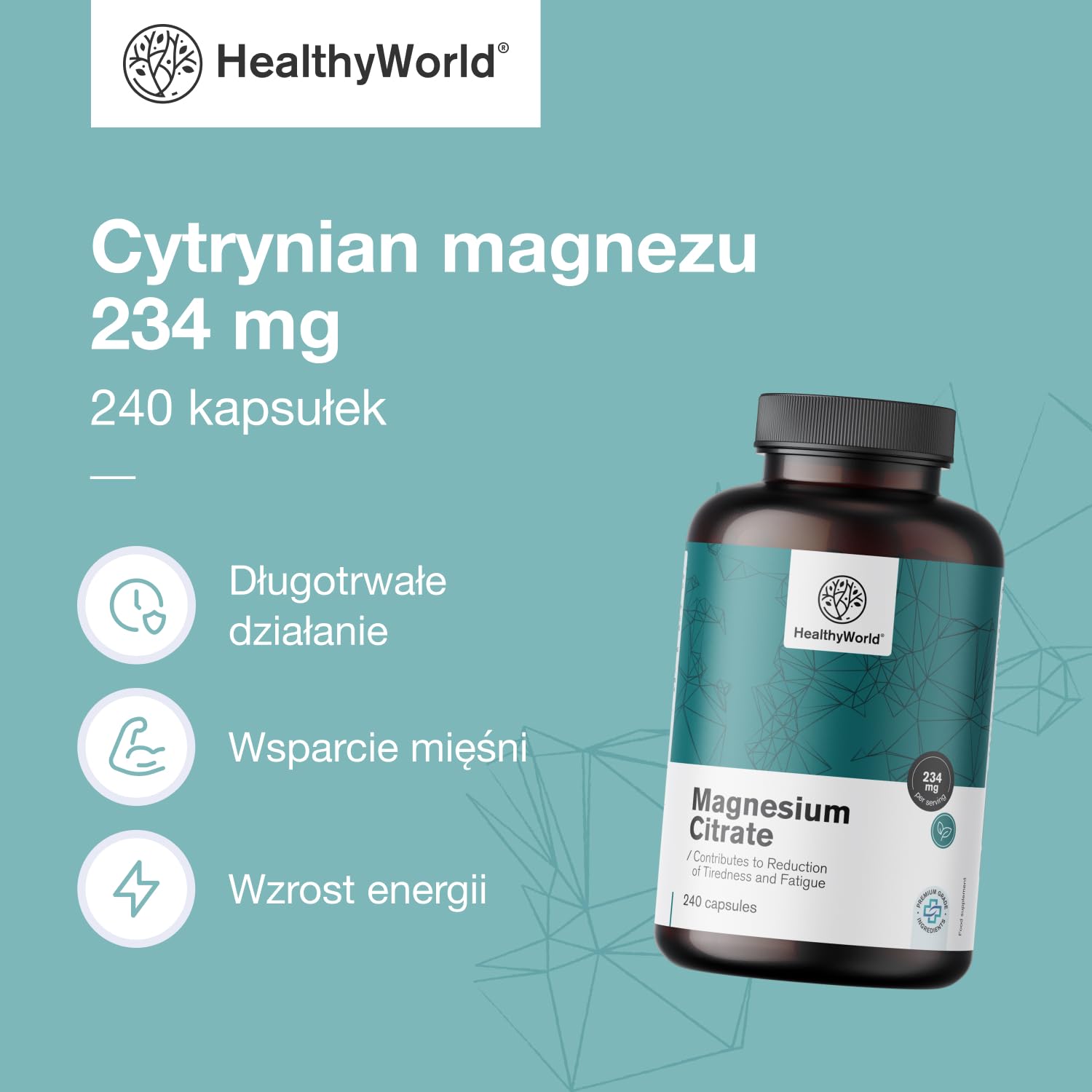HealthyWorld Cytrynian magnezu 234 mg - 240 Kapsułek Roślinnych - Na ponad 7 Miesięcy - 480 mg Cytrynianu Magnezu i 270 mg Tlenku Magnezu - Na Wsparcie Mięśni i Wzrost Energii