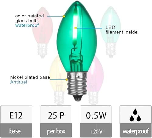Miniatura 2 de NIOSTA C7 Bombillas LED de repuesto de Navidad, con certificación UL, para decoración de interiores y exteriores, filamento LED E12 de 0.5 W y
