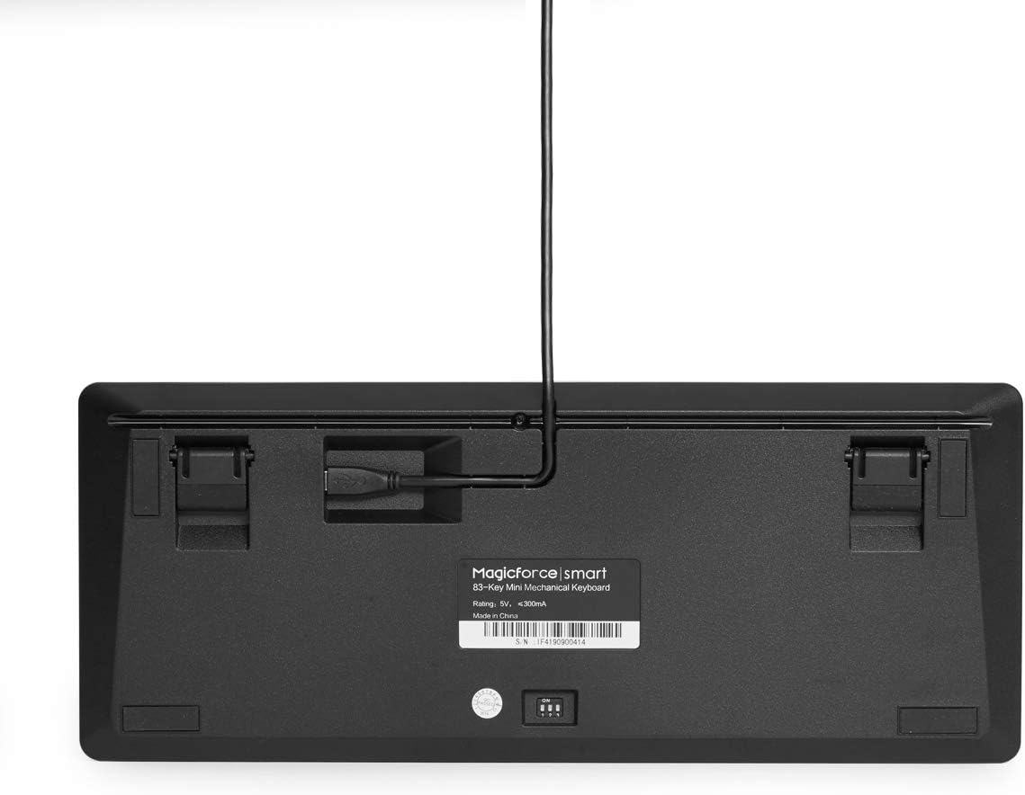 Bottom view of the NOBRAND Magicforce 83-Key Mechanical Gaming Keyboard with the USB cable connected