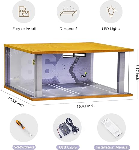 Miniatura 2 de cxiiuui Vitrina Hot Wheels a escala 118 Coche Garage Moldel con luz LED y cubierta acrílica de madera fundida a presión 2 plazas de aparcamiento gris