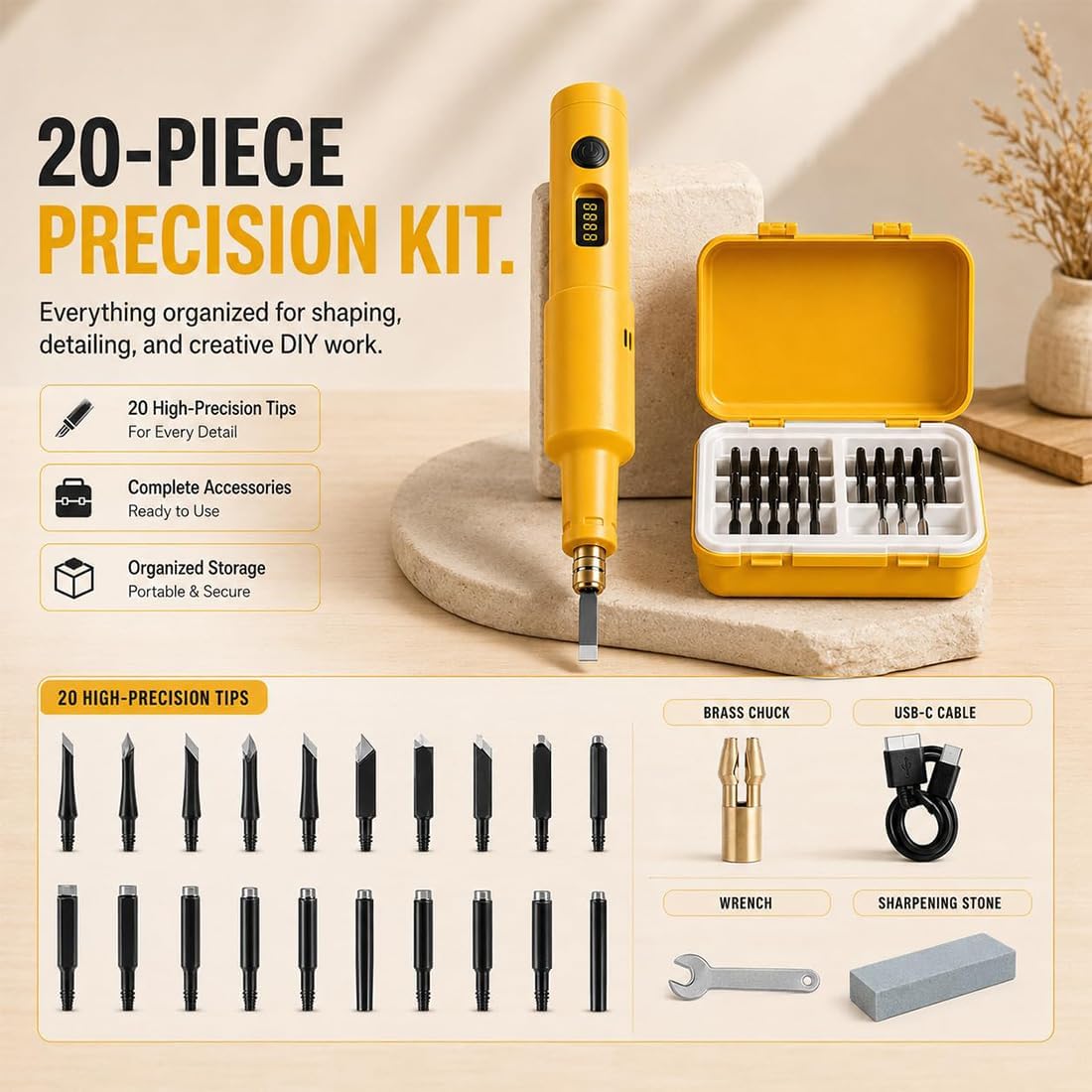 Penna Elettrica per Incisione, Set di Strumenti per Incisione, Portatile, Senza Fili, Ricaricabile USB, Lame Sostituibili da 20 Pezzi, può Essere Utilizzata per Intaglio del Legno