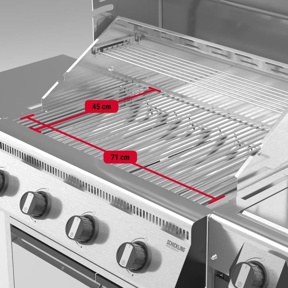 Schickling Gasgrill "Hermann XL - Deluxe" Edelstahlgrill Grillwagen mit Unterschrank, doppelwandigem Deckel, 4x 5kW Brenner, 800 Grad Seitenbrenner & 4-teiligen Grillrost - Made in Germany