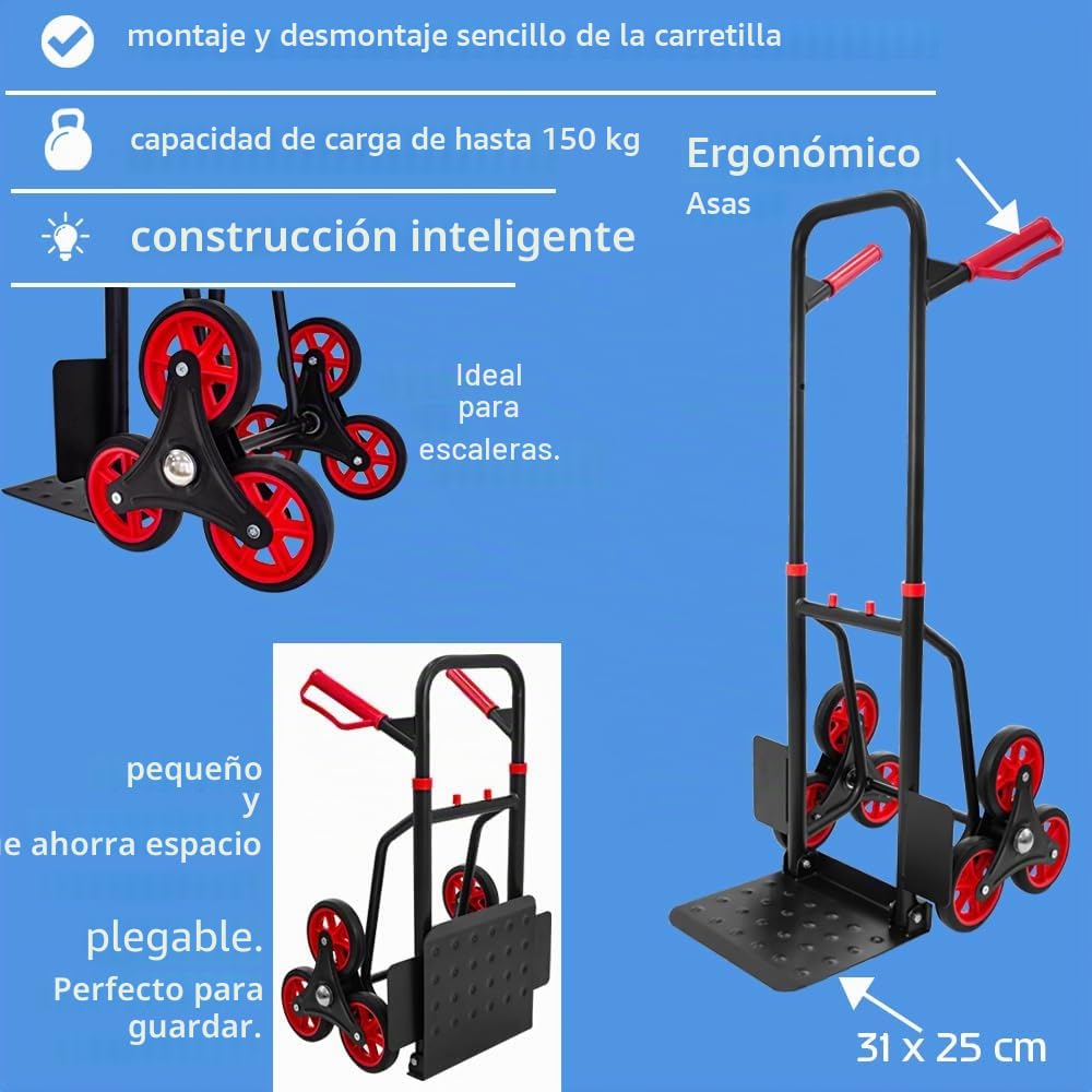 Trucky Carretilla para escaleras, 150 kg, carretilla de transporte, plegable, color negro