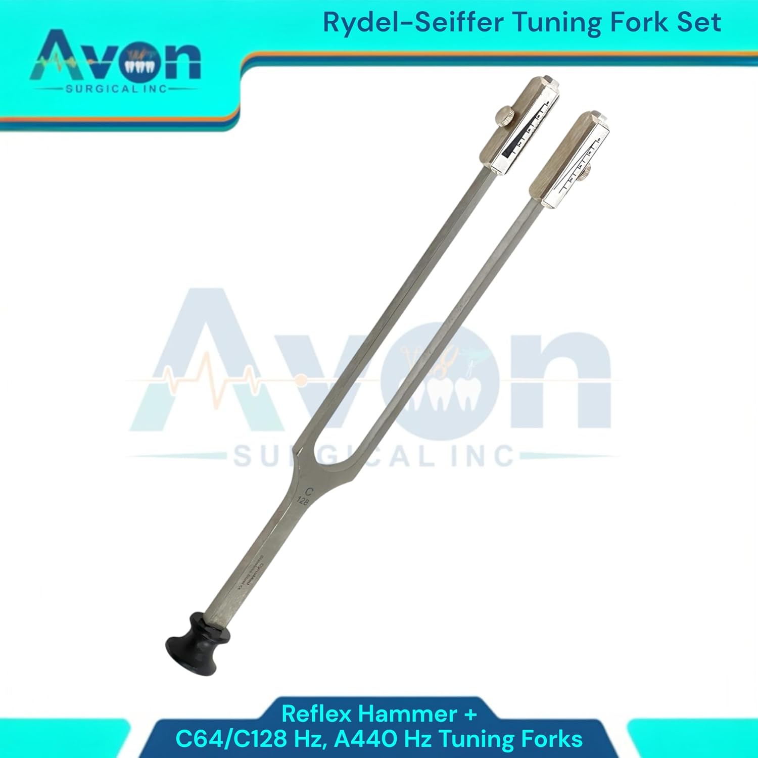 Rydel-Seiffer Reflex Tuning Fork Set with Buck Reflex Hammer, Tuning Fork 128Hz/64Hz, & Tuning Fork A 440Hz - German Stainless Steel