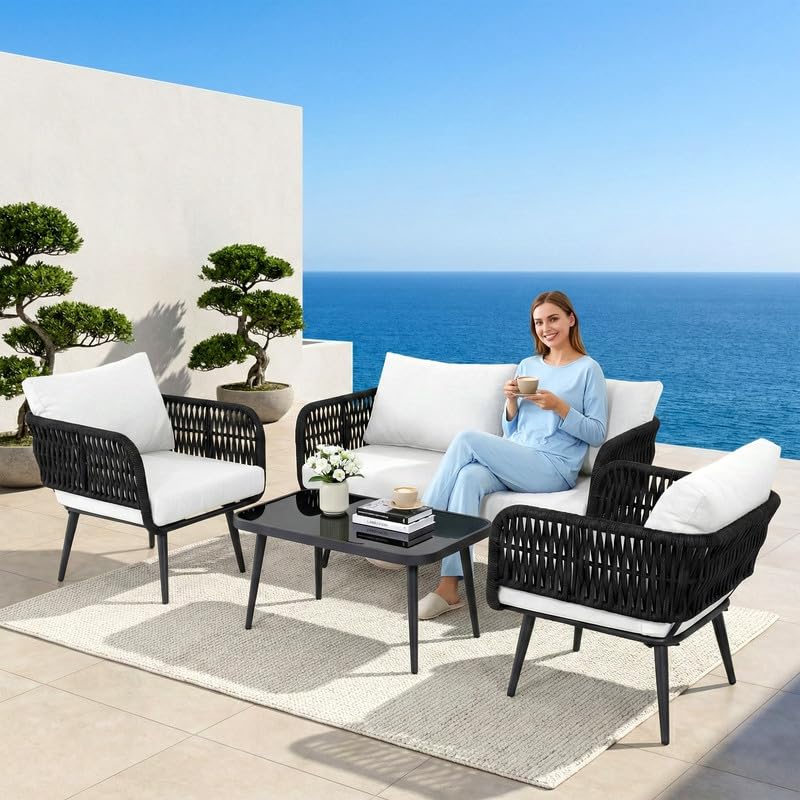 Image of BRISHI Outdoor Sofa Set || Balcony Sofa || Patio Furniture Sets | Conversation Sets | Braid & Rope Garden Seater Sofa Set and Center Table (4 Seater Black-White)