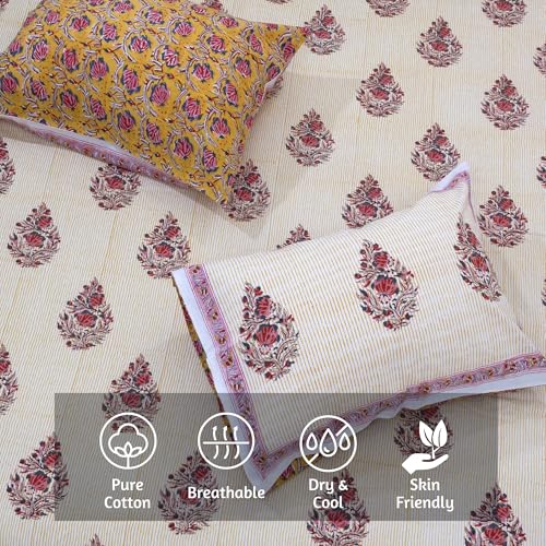 Image of TOAI Hand Block Printed Bedsheet | Bed Spread Flatsheet Bed Sheet | Pure Cotton | Queen Size 90 inchx108 inch | 210 TC Long Staple Cotton | 2 Reversible Pillow Covers |Floral Motives on Yellow Panel