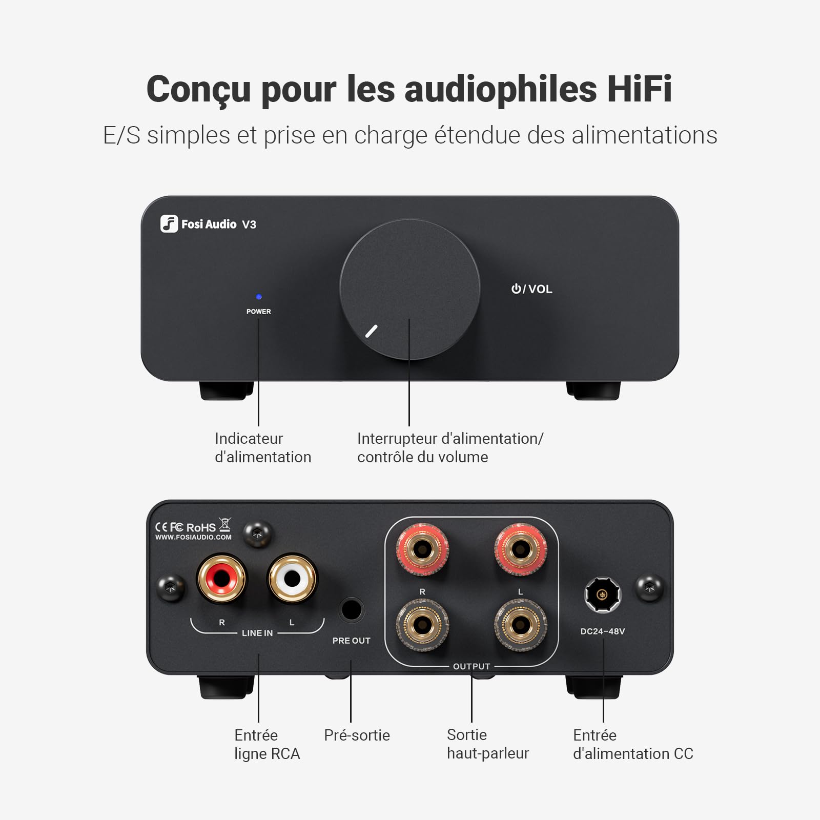 Fosi Audio V3 Amplificateur de Puissance Stéréo Classe D | Puce TPA3255 | 300W Ampli Audio HiFi pour Haut-Parleurs Home Cinéma et d'étagère | Design Compact avec Dissipation Thermique Avancée | 32V 5A