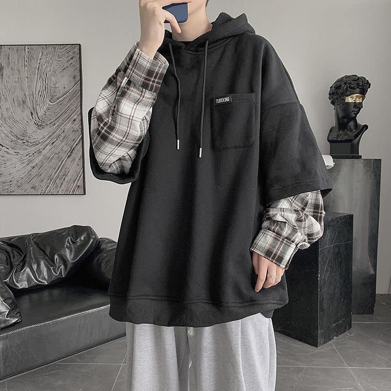 Emo Streetwear Vintage Black Hoodie Men Teen Oversized Fake Two Piece Hoodie Punk Patchwork Pullovers Grunge Clothes2