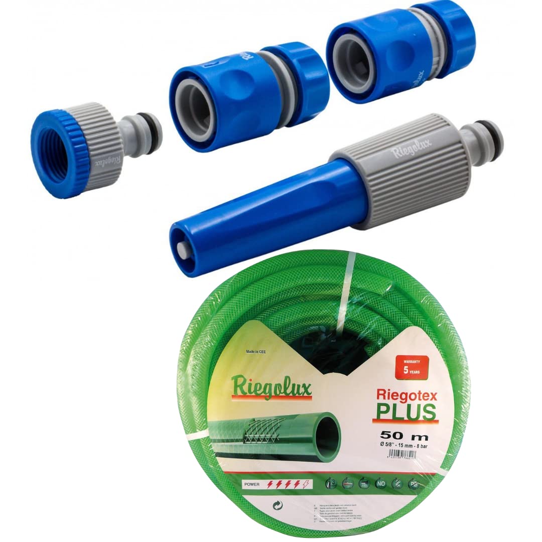 Manguera RIEGOTEX 19 x 25 m | Incluye accesorios: Lanza regulable, adaptador grifo 3/4"- 1/2" y dos manguitos rápidos