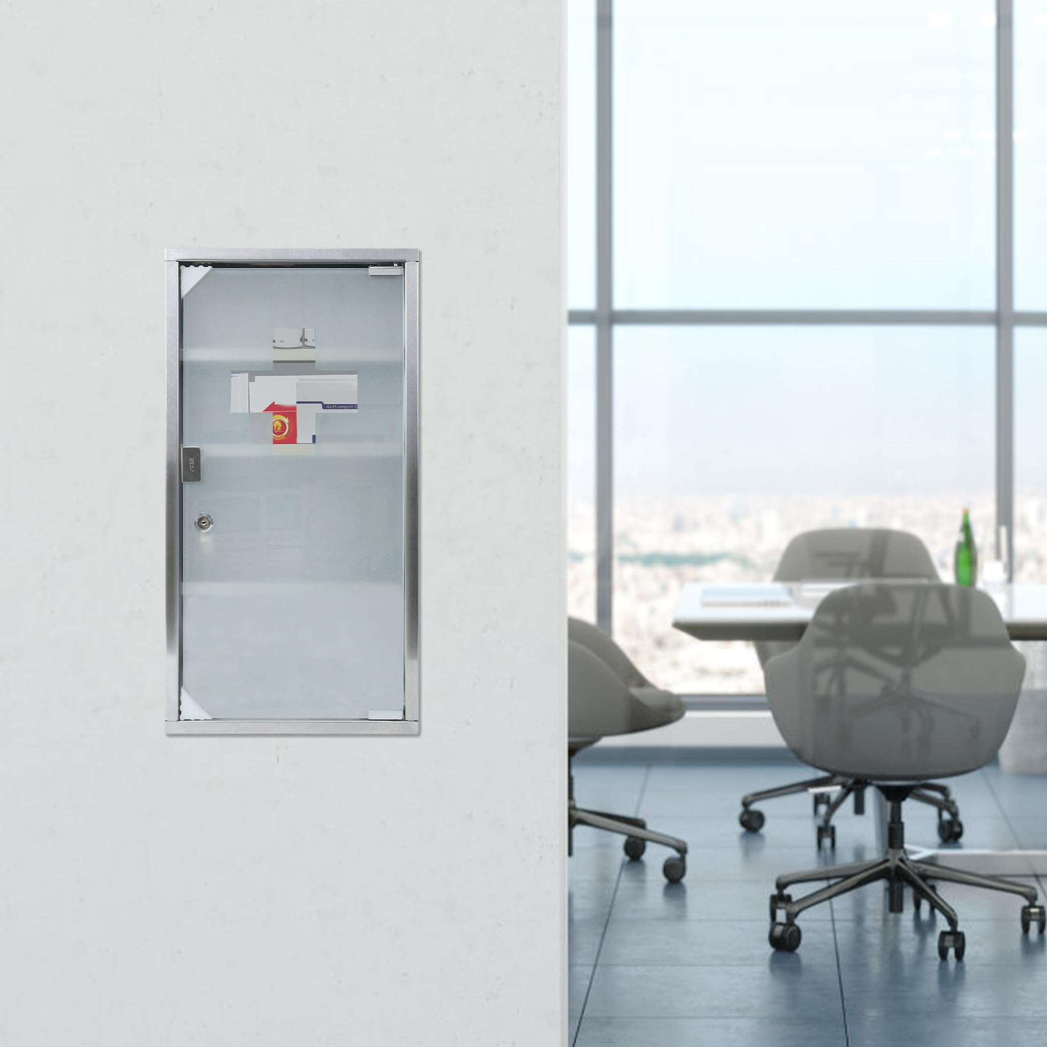 YRHome Armoire à pharmacie en acier inoxydable - 4 compartiments avec porte en verre et serrure verrouillable - 57,5 x 30 x 12 cm