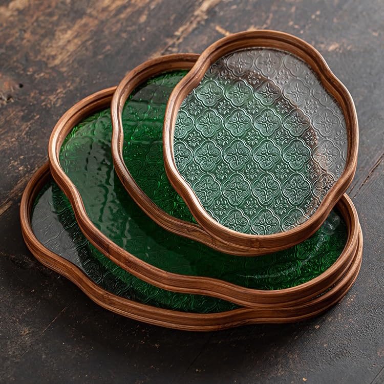 Plateau à thé en verre de style japonais vintage - Plateau en bois massif pour les rafraîchissements de la maison - Motif floral bégonia - Idéal pour servir du thé et des friandises