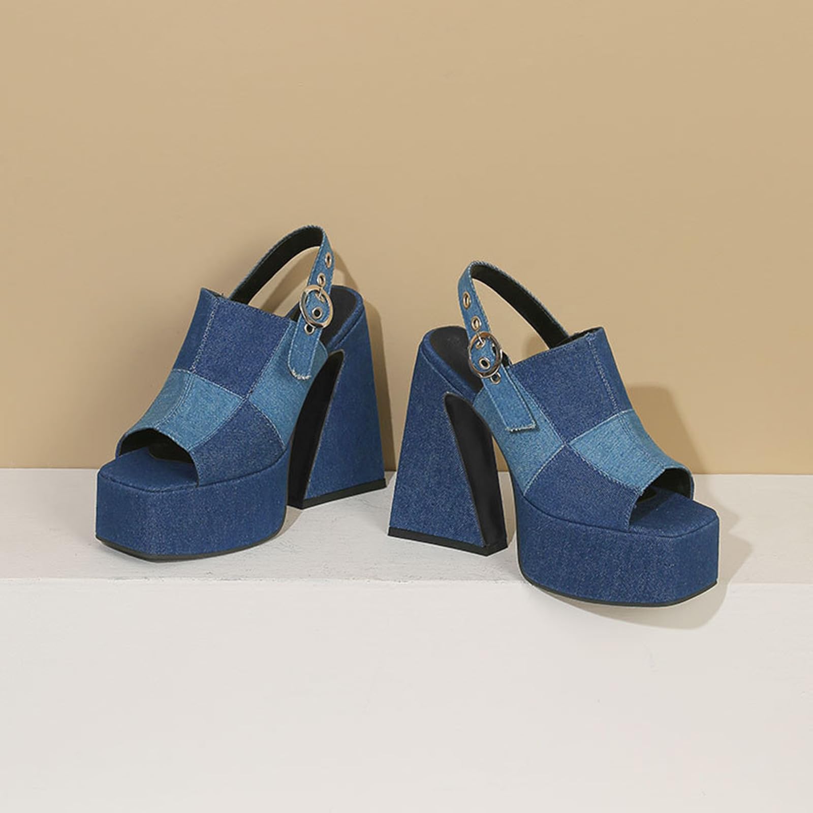 Mule in Denim con Plateau da 14CM, Tacchi a Blocco Regolabili con Cinturino Posteriore