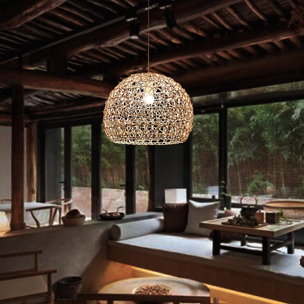 Lampada a Sospensione in Vimini in Stile Boho, a Forma di Nido d'uccello, in bambù Intrecciato, con Base E27, per Ristorante, Lampada da soffitto in Vimini Creativa per Camera da Letto, Soggiorno