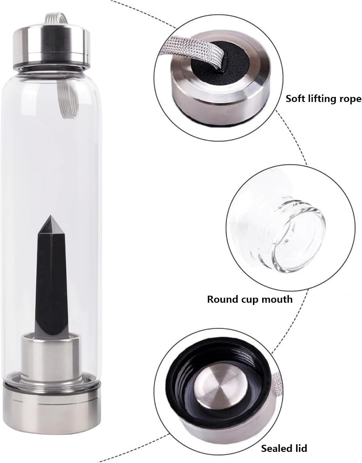 Crystal Glass Bottle Mystic Dark Crystal Natural Health Healing Water Cup Outdoor Sports Drinking Bottle Stainless Steel Lid Energy Mug Birthday Gift