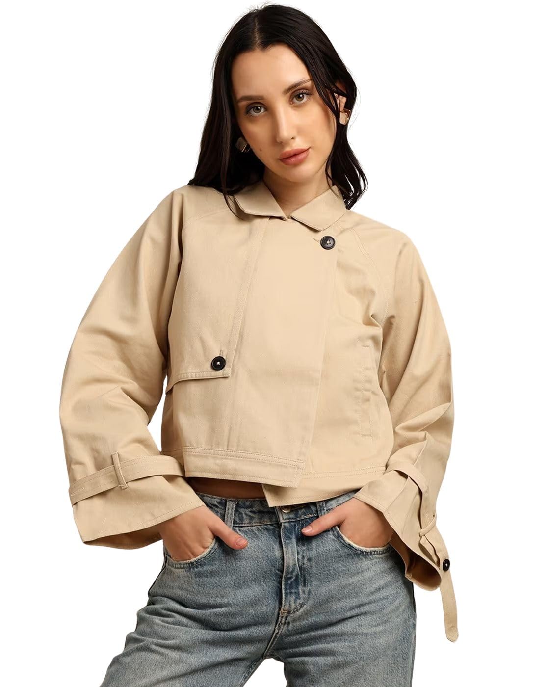 7ounce Women's 100% Cotton Twill Trench Jacket - Adjustable Sleeves with Front Button Closure-picture-5