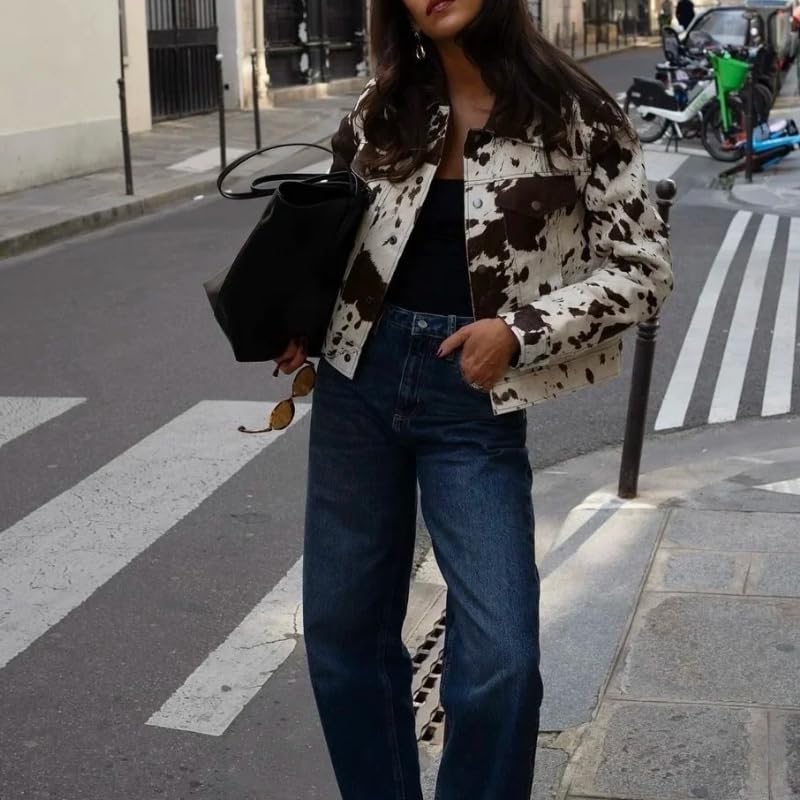 Women's Animal Print Denim Jacket Casual Cow Print Jacket Long Sleeve Button Up Motorcycle Cropped Coats4