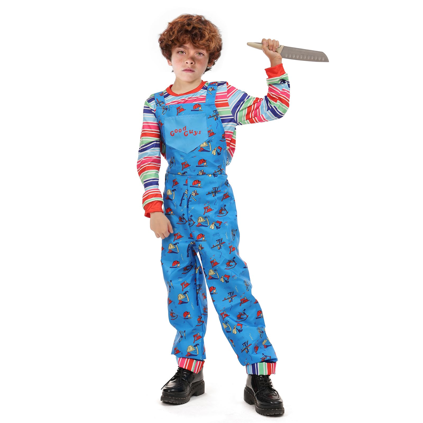 nezababy Chucky Costume Kids Chuckie Jumpsuit Rainbow Striped Top with Scary Killer Cosplay Overalls Halloween Dress up(S/120)