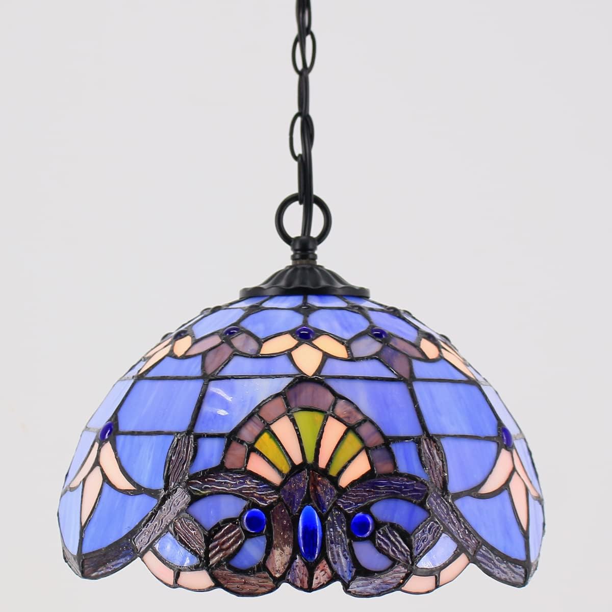 WERFACTORY Tiffany Pendant Light Plug in Blue Purple Baroque Stained Glass 12 Inch Hanging Lamp S003C Series
