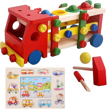 Amazon Yasushoji 木のおもちゃ 組立 知育玩具 木製 工具セット 大工さん 男の子 おままごと ねじ遊び クルマ 大工さん おもちゃ