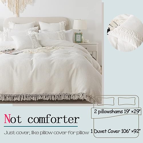 Miniatura 6 de FADFAY Juego de funda de edredón de algodón bohemio, tamaño King, tejido de gofre, color blanco coco, con borlas, reversible, de algodón lavado,