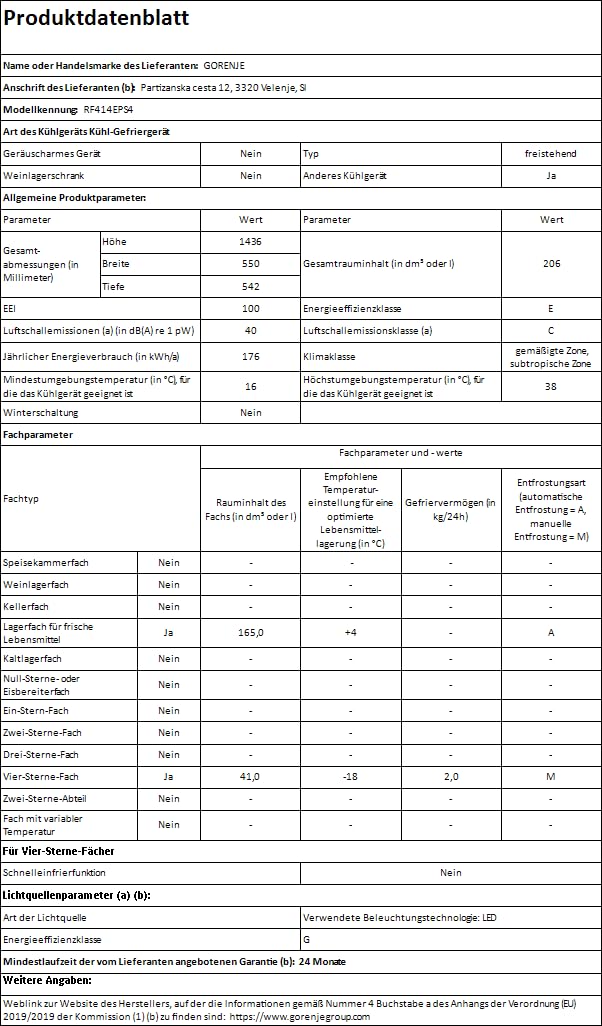 Gorenje RF414EPS4 Doppeltürkühlschrank mit Gefrierteil oben, 165 Liter Kühleil, 41 Liter Gefrierteil, LED Innenbeleuchtung, Energieeffizienzklasse E, 143,6cm x 55cm, Edelstahl-Look