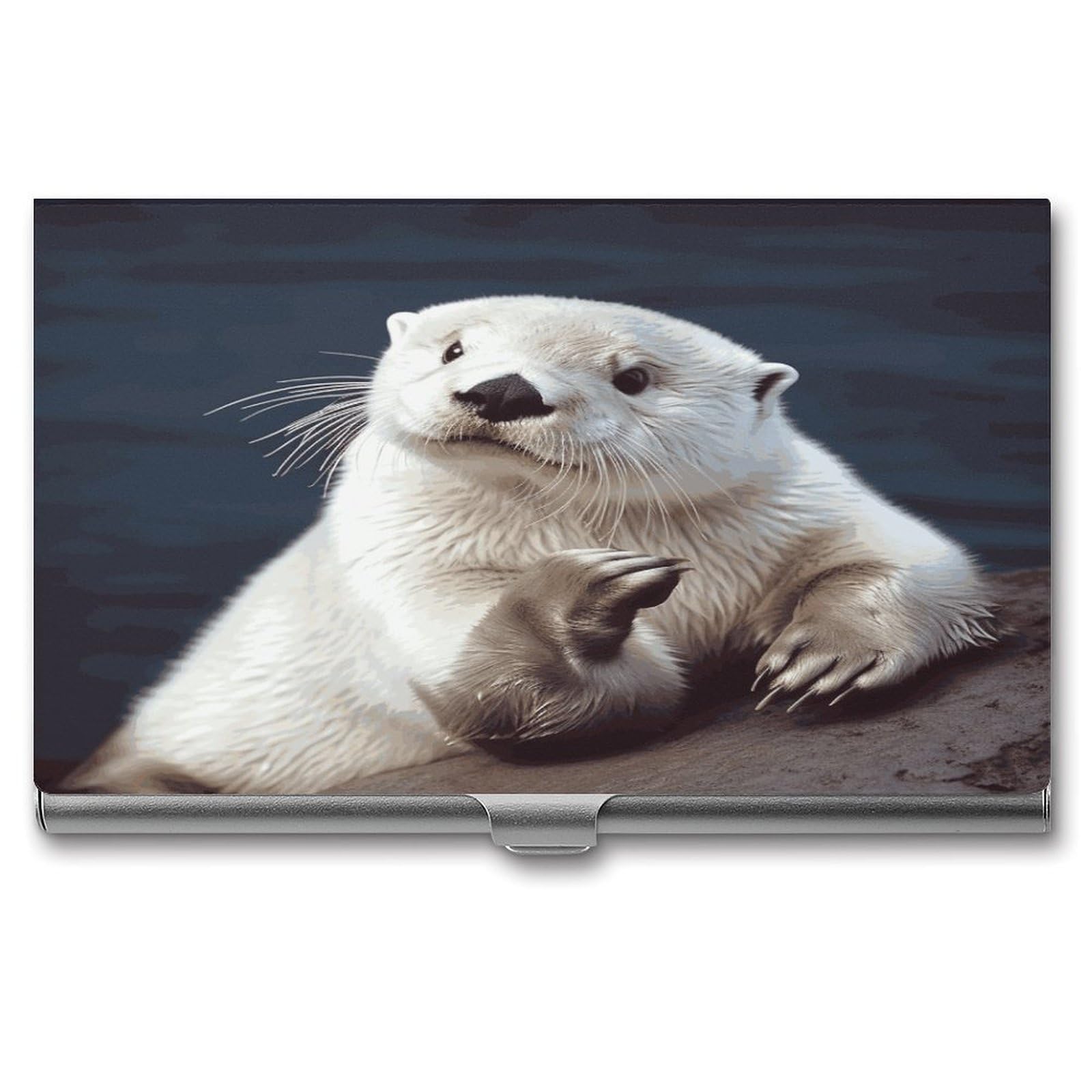 JTREHY White Otter Business Card Holder Slim Purse Name Card Holder Portable Metal Business Card Case Wallet Large Capacity Lightweight Business Card Case for Men Women