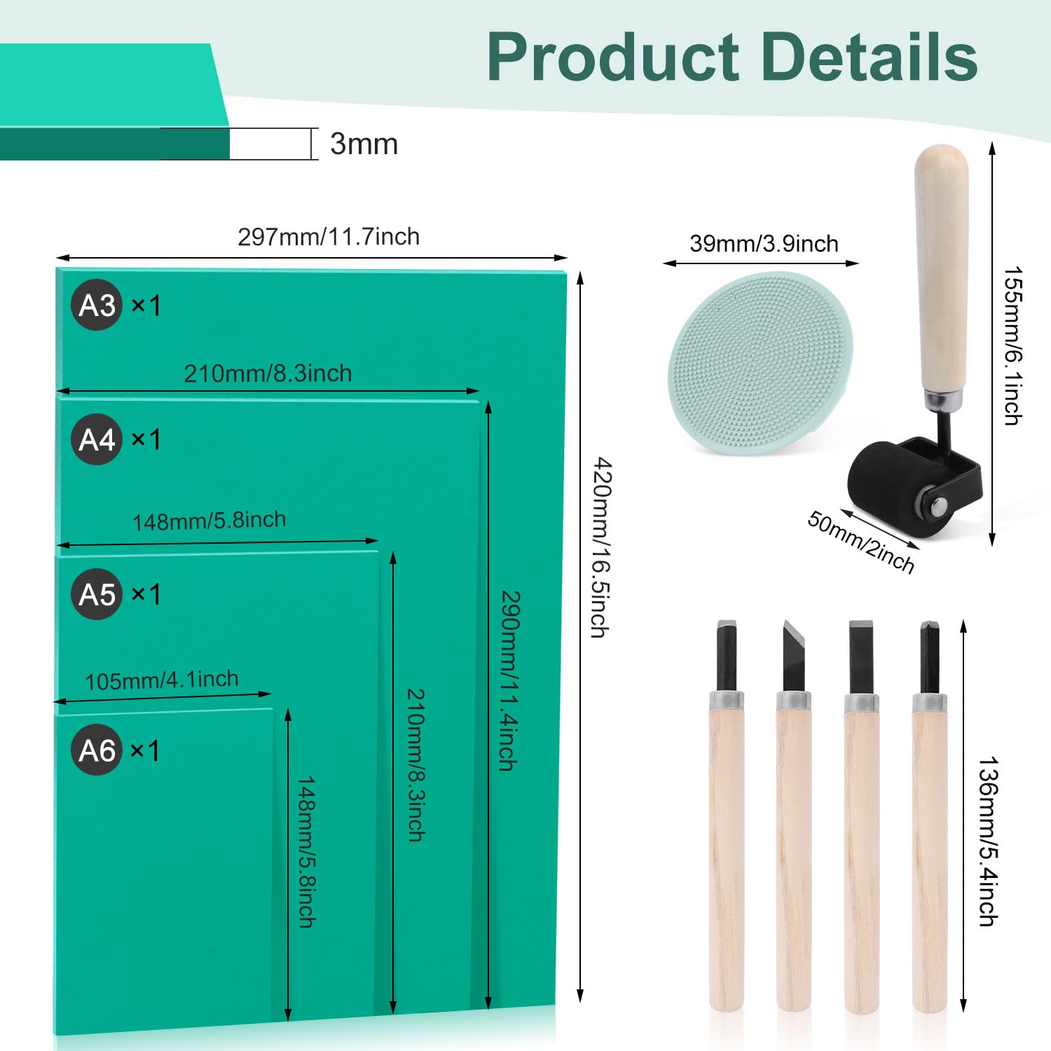 Linoleum per Incisione 10pcs Set A3 A4 A5 A6 Lastra Gomma Morbida con Rullo per Inchiostro per Timbri Artigianato Progetti di Stampa Fai Da Te