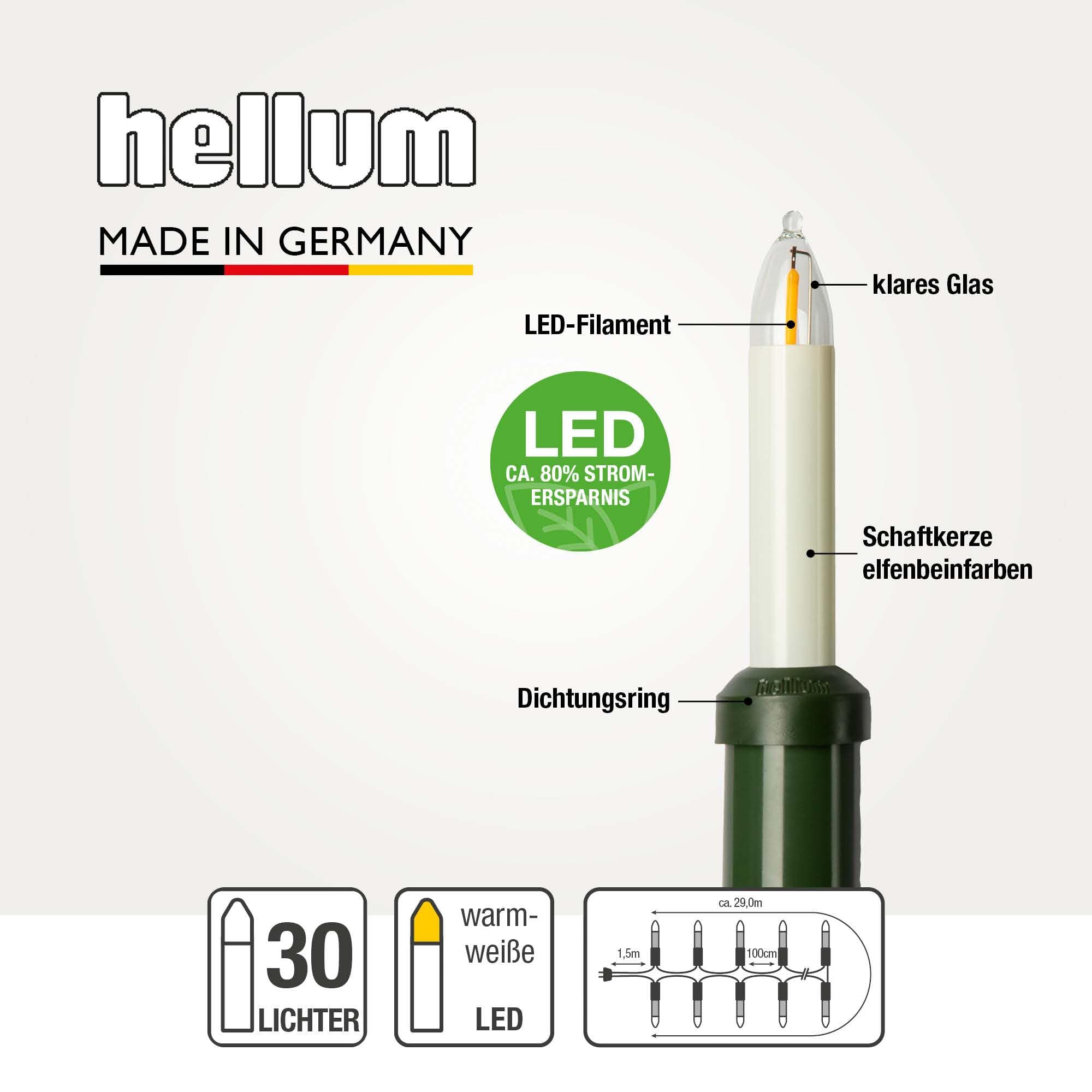 hellum Lichterkette Kerzen LED-Filament außen, 30 Kerzen, Stecker teilbar | Made in Germany warmweiß, Lichterkette Weihnachten mit Clip, 29m beleuchtet, Stecker teilbar, Kabel schwarz, <59lm 845563