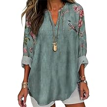 Floral Cotton Tops for Women Henley V Neck 3/4 Sleeve Plus Size Boho Tunic Women's Casual Summer Fall Blouse Tshirts