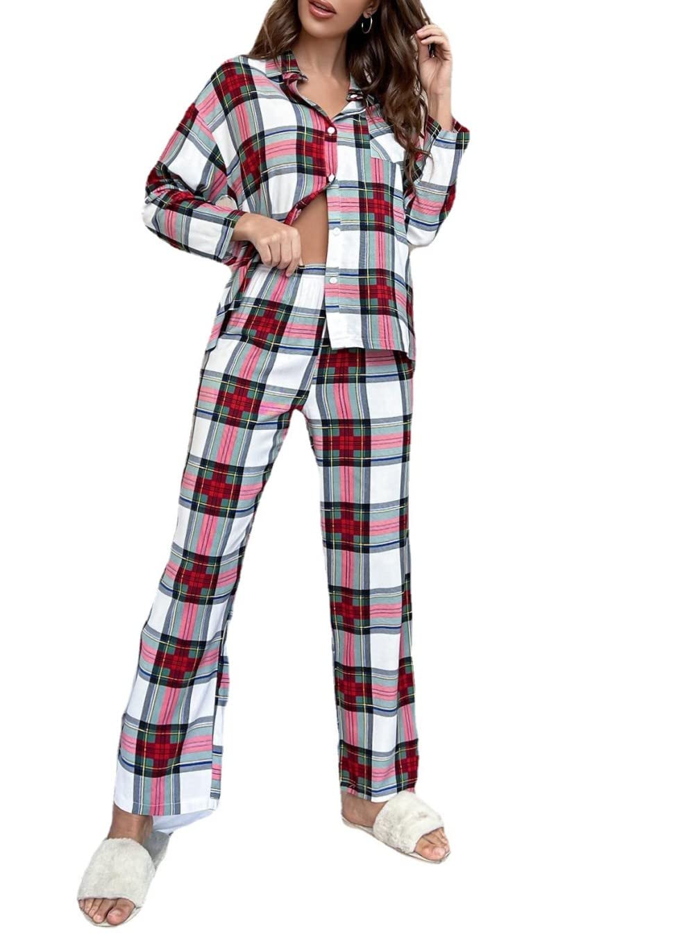 Ensembles De Pyjama Femme,Revers Classique Imprimé À Carreaux Polyester À Manches Longues Ensemble De Vêtements De Nuit Femmes Pyjama Deux Pièces Doux Classique Décontracté Loungewear Cadeau