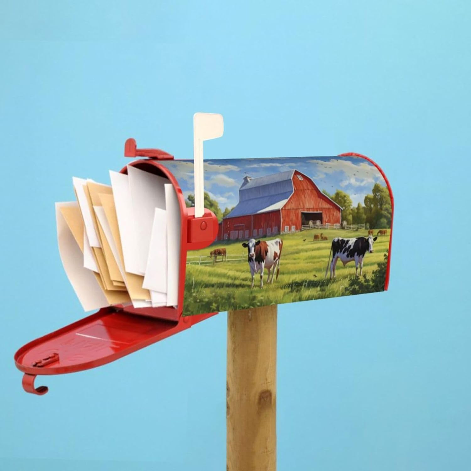 Dujiea Red Barn and Cows Mailbox Cover, Waterproof Magnetic Post Box Cover, Large Size 25.5"L x 21"W, Garden Yard Outside Farmhouse Home Decor