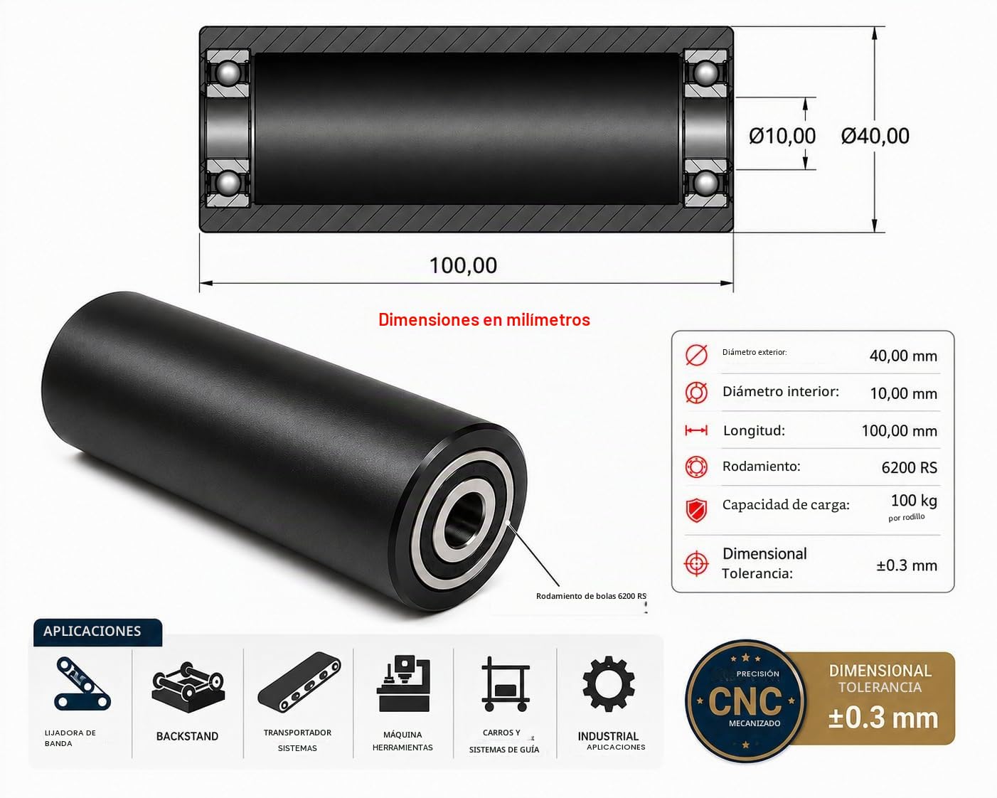 4 rollos de nailon poliamida, 40 mm de diámetro, 100 mm de ancho, rodamientos de 10 mm, mecanizado con precisión en la UE (40-100-10, negro)