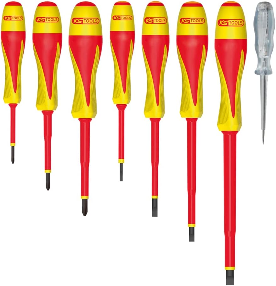 KS Tools - 922.6218 - Set of 7 insulated bi-material screwdrivers 1000V Slot -PH and LED tester screwdriver - Chemical resistant - electrical tools