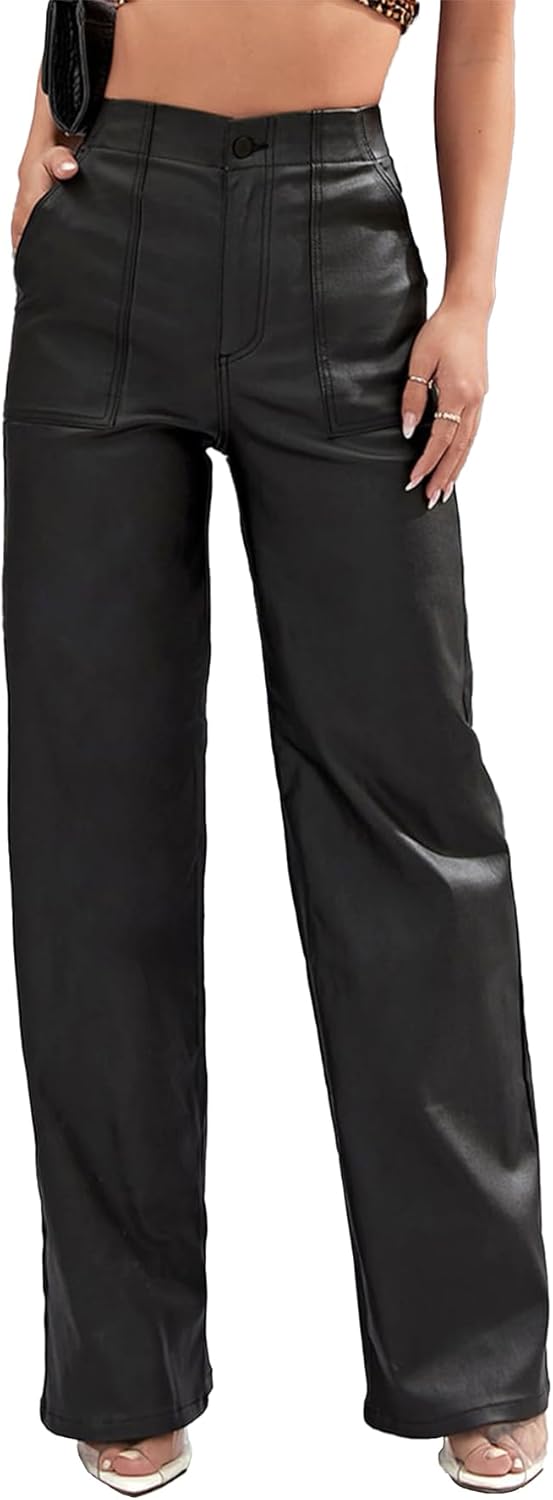 Faux Leather Pants High Waist Coated PU Button Straight Leather Black Leggings Wide Leg Pants with Pockets - Image 3