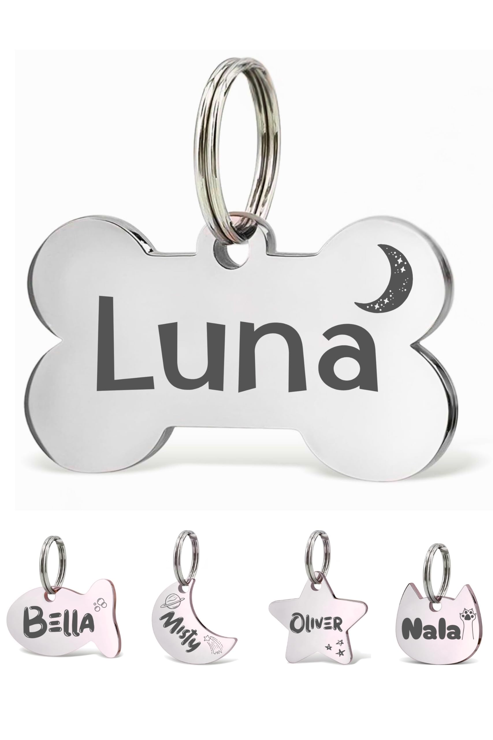 We Personalize, Engrave, Customize your dog or cat ID tag with their name and your info on both sides of a Tag. Spoil your pet and make sure they come home if lost. (Silver, Bone)