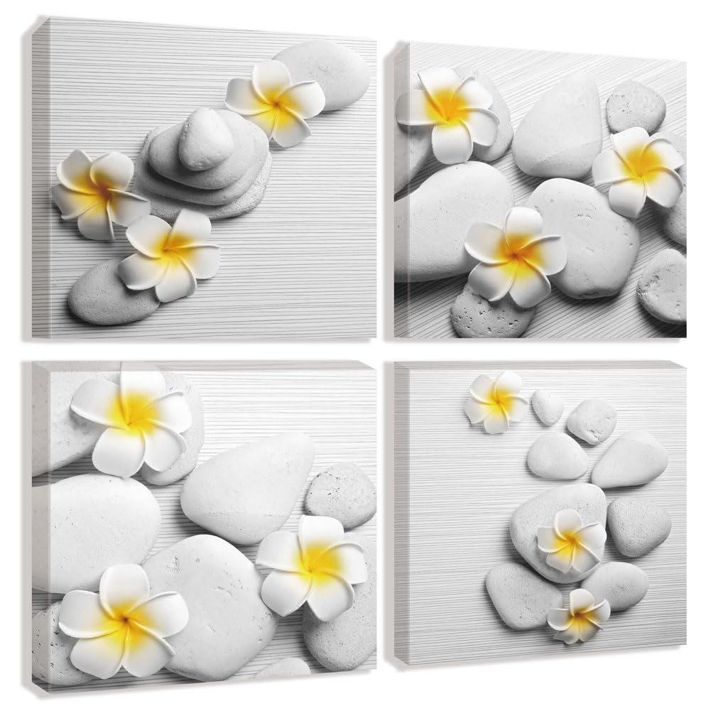 Zen Stone Wall Art Canvas Painting Yellow Flower Artwork Nature Still Life Pictures Bedroom Home 4 Pieces Framed Decor (gray, 12x12inch)