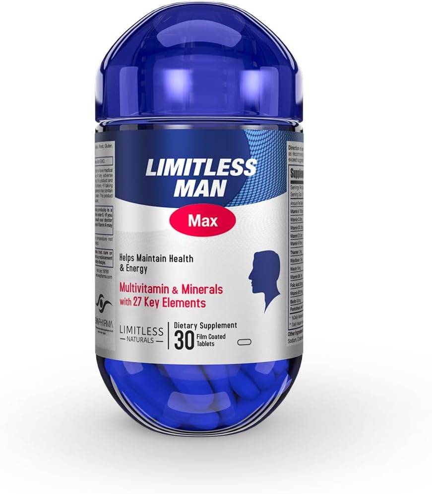 Limitless Man Max – Men’s Daily Multivitamins with 27 Essential Nutrients – Energy, Vitality & Immune Support – Vitamins with Iron, D & B Complex – 30 Tablets