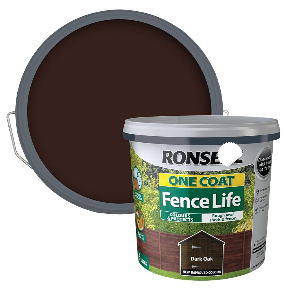 Karrma Ltd. One Coat Fence Life Dark Oak 5L Weather-Resistant Fence Stain Quick-Dry Wood Protector for Sheds, Fences & Garden Timber