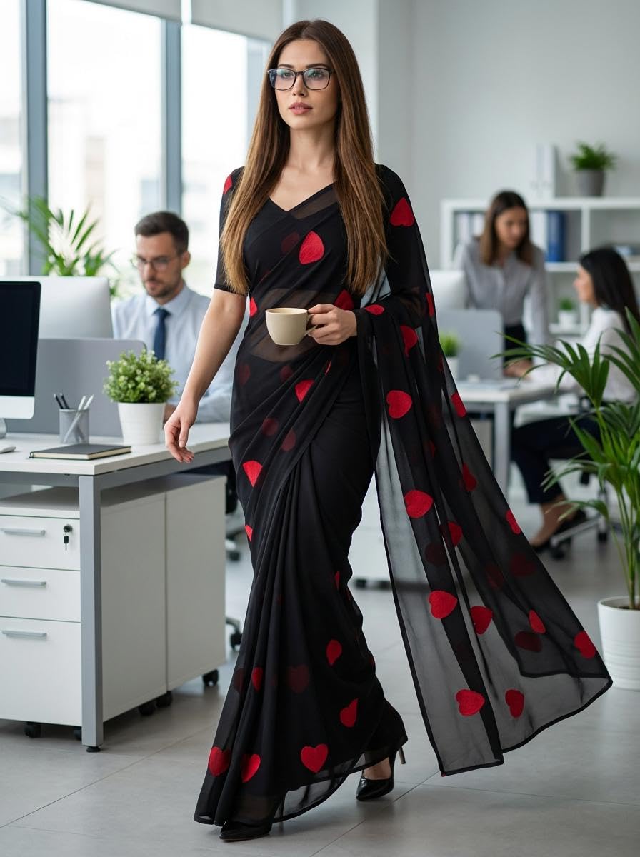 Women's heart Shape Georgette Saree With Unstitched Blouse piece-image-49