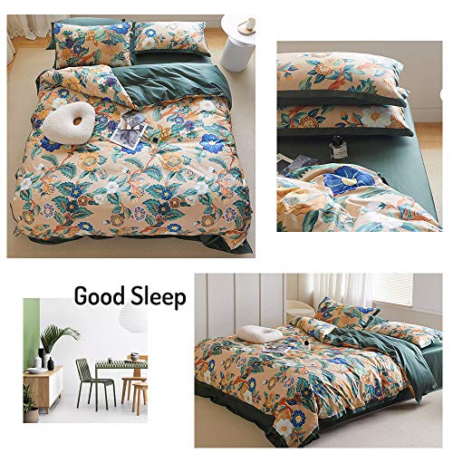 Duvet Cover Set Floral Queen Size 100% Cotton Bedding Flower Green Leaves on Champagne Comforter Cover Set (1 Duvet Cover+ 2 Pillowcases) for Her and Him-Easy Care, Soft and Durable Queen/Full Size