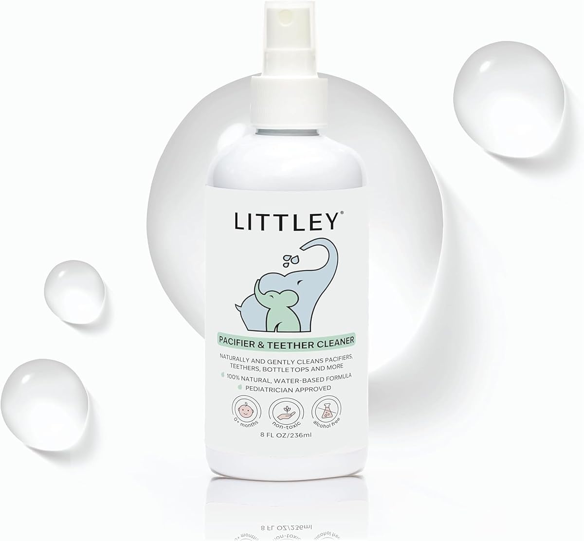 Limpiador de chupetes y mordedores Littley | Aerosol HOCl | 8 onzas | Sin fragancia y sin enjuague. Cabe en cualquier bolsa de pañales: suave para los bebés, seguro para biberones, mordedores y juguetes.
