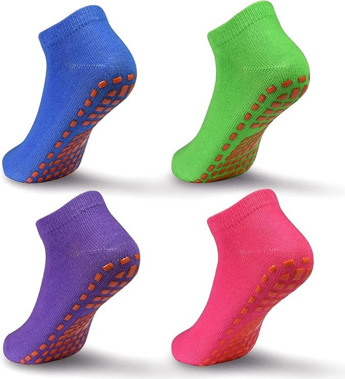 Image of WKLOUYHE Kids Anti-Skid Trampoline Socks 4 Pairs Non Slip Sticky Grips Breathable Cotton Socks for Teenagers